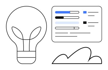Fikirler için minimalist ampul, ilerleme veri çubukları ile ekran, depolama için bulut veya esneklik. Yaratıcılık, yenilik, teknoloji, analitik, beyin fırtınası stratejisi üretkenliği için idealdir. Düz