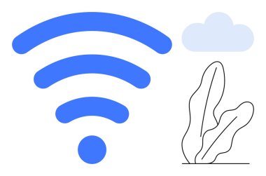 Mavi kablosuz sinyal ikonu soyut bitki ve bulut şekilleriyle dijital iletişim ve doğayı iletiyor. Teknoloji, yenilik, uzaktan çalışma, İnternet hizmeti, ağ oluşturma, sürdürülebilirlik için ideal