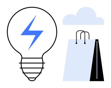 Mavi yıldırımlı ampul, alışveriş torbası ve bulut ekolojik bilinç yeniliği, enerji verimliliği ve sürdürülebilirliği sembolize ediyor. Enerji, alışveriş, yenilik, çevre dostu