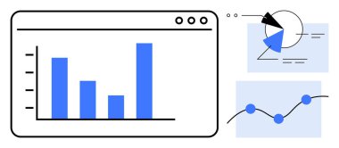 Tarayıcı penceresindeki çubuk grafik, pasta grafiği, düğümlü çizgi grafiği. Analiz, raporlar, iş stratejisi, pazar eğilimleri, performans takibi, görsel veri temsili için ideal düz bir metafor