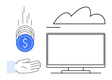 Dolar işareti, bulut sembolü, bilgisayar ekranı olan paralar. Finans, teknoloji, bulut depolama, ecommerce, yatırım fintech tasarrufu için ideal. Düz basit metafor