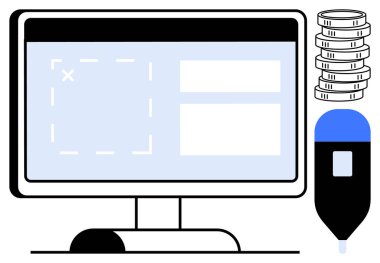 Bilgisayar monitörü UI kablo çerçevesi, grafik tablet kalem aracı ve dijital yaratıcılığı, fintech ve işi vurgulayan bozuk para yığınını gösteriyor. Teknoloji, tasarım, finans, ekonomi yeniliği için ideal