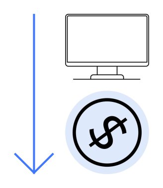 Aşağı doğru mavi ok bilgisayar monitörünü ve dolar işaretini birbirine bağlıyor ve dijital maliyetleri düşürüyor. Giderler, tasarruflar, bütçe, finans, maliyet analizi, dijital yönetim, daire sade
