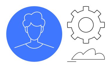 Mavi çemberdeki insan avatarı, ayarlar için dişli simgesi ve çevrimiçi depolamayı sembolize eden bulut öğesi. Kullanıcı arayüzü, ayarlar, bulut hesaplama, teknoloji, veri yönetimi, profil kimliği için ideal