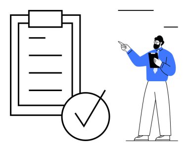 Kontrol listesi ve işaretli büyük bir pano, elinde pano tutan resmi giysili bir adam, işaret ediyor. Proje yönetimi, görev organizasyonu, üretkenlik, planlama, hedefler, kalite güvencesi dairesi için ideal