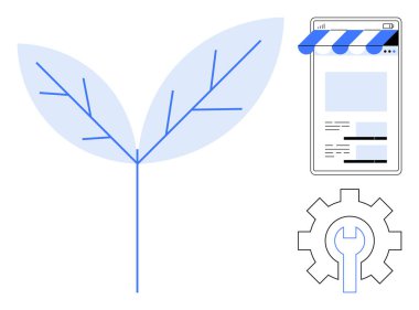 Büyümeyi temsil eden yaprak, çevrimiçi varlık için mobil mağaza önü ve ayarlar için teçhizat. Sürdürülebilirlik, e-ticaret, dijital araçlar, yenilik, teknoloji, iş büyümesi için ideal basit