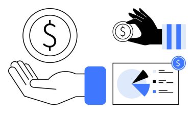 Mali kavramları, yatırım stratejilerini ve iş analizlerini gösteren madeni para ve veri tablolarını değiş tokuş eden eller. Para, finans, tasarruf, yatırım, ekonomi ve muhasebe için ideal