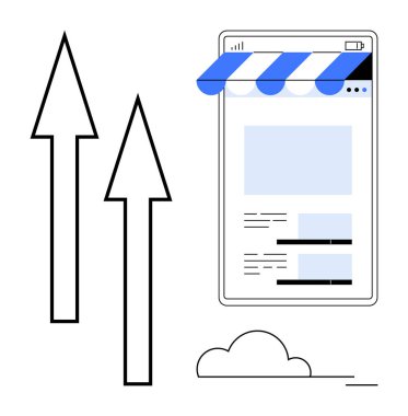 Bir mobil cihazın yanında, vitrin güneşliği ve bir bulutla çevrimiçi bir depo arayüzü gösteren yukarı doğru iki ok. E-ticaret, büyüme, ilerleme, çevrimiçi alışveriş ve iş geliştirme için ideal