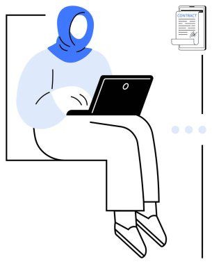 Başörtüsü takan bir kadın kontratı incelerken dizüstü bilgisayar kullanıyor. Uzaktan çalışma, dijital araçlar, çevrimiçi işbirliği, serbest çalışma, modern iş, profesyonel bağımsızlık için ideal