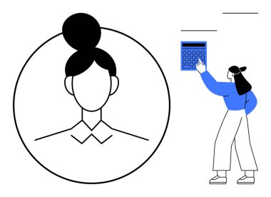 Çemberdeki kadın avatar, hesap makinesi kullanarak planlama, analiz ve verimliliği sembolize ediyor. Organizasyon için ideal, profesyonel planlama, muhasebe, kişisel finans