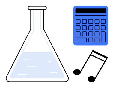 Sıvı, hesap makinesi ve müzik notalarının bulunduğu kimya şişesi BTMM, eğitim, yenilik, sanat, analiz, keşif ve yaratıcılık kavramlarını çağrıştırıyor. Akademik ya da dengeli öğrenim için ideal