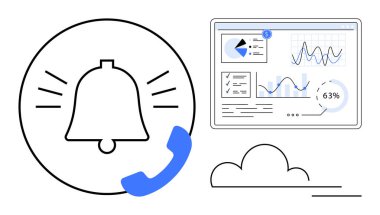 Çıngıraklı çan, telefon ahizesi, grafikli analitik gösterge paneli, bulut simgesi. İletişim, veri görselleştirme, analitik, bildirimler, bulut hesaplama, iş araçları için ideal