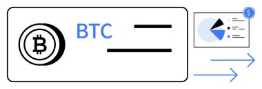 Yatay çubukları, analitik çizelgeleri ve veri hareketini gösteren okları olan bitcoin logosu ve para birimi etiketi. Kripto para birimi, finansal analiz, engelleme zinciri, dijital ödeme, fintech için ideal