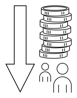 Aşağı doğru ok, madeni kayıpları ve ekonomik zorlukları temsil eden insan simgeleriyle birlikte istiflenmiş sikkeleri işaret ediyor. Finans, ekonomi, durgunluk, bütçe, yatırım, eşitsizlik için ideal