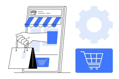 Alış veriş torbaları taşıyan akıllı telefondan uzanan el, bir vites ve alışveriş arabası ikonu yanında. Çevrimiçi alışveriş, dijital ticaret, perakende, dağıtım, teknoloji, yenilik için ideal, düz basit