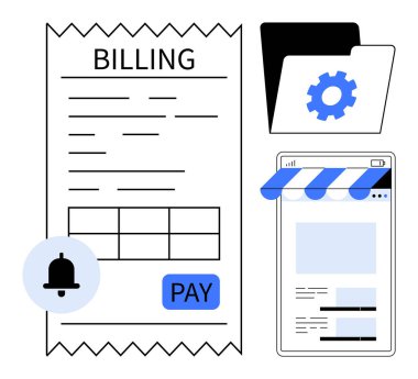 Fatura makbuzu ödeme düğmesi, bildirim simgesi, ayarlar dosya dizini ve akıllı telefon mağaza önü. Finans, e-ticaret, organizasyon, dijital hizmetler, otomasyon B2B müşterisi için ideal