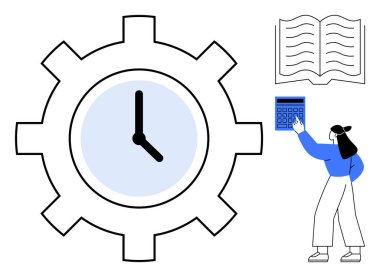 Saatli vites, hesap makinesine basan kadın ve açık kitap özeti planlama, verimlilik ve organizasyon. Çalışma akışı, programlama, eğitim, hassas üretkenlik planı için idealdir.