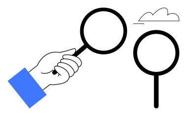 Bir bulut yukarıda süzülürken, bir büyüteçle başka bir büyüteci işaret eden bir el ele tutuş. Araştırma, keşif, araştırma, odaklanma, keşif, berraklık ve kesinlik için idealdir. Düz basit metafor