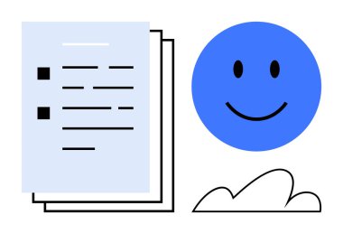 Gülen mavi bir yüzün ve soyut bulut şeklinin yanında kurşun noktaları olan kontrol listesi belgesi. Organizasyon için ideal, üretkenlik, pozitiflik, planlama, verimlilik, başarı, takım çalışması. Düz basit