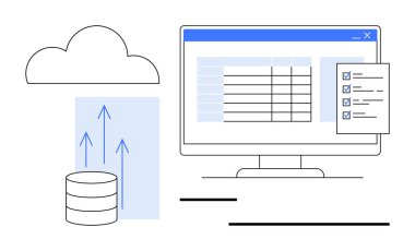 Bulut depolama, veritabanından veri yükleme, tablo ve kontrol listesi ile ekran. Veri yönetimi, bulut hesaplama, dosya paylaşımı, üretkenlik, uzak çalışma, otomasyon düz metaforu için ideal