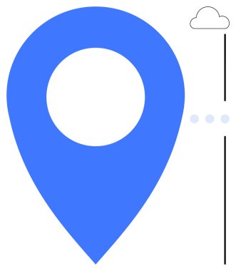 Minimalist bulut simgesi ve noktalı çizgi hizasının yanında içi boş bir merkezi olan büyük mavi harita iğnesi. Navigasyon, konum belirleme, bulut servisi, bağlantı, seyahat, GPS, basit görsel iletişim için ideal