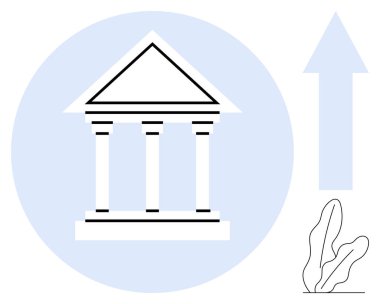 Yukarı doğru ok ve yaprak bitkisinin yanında üçgen çatılı klasik bir yapı. Finans, eğitim, hukuk sistemi, hükümet, büyüme, ilerleme ve kurum için idealdir. Düz basit metafor