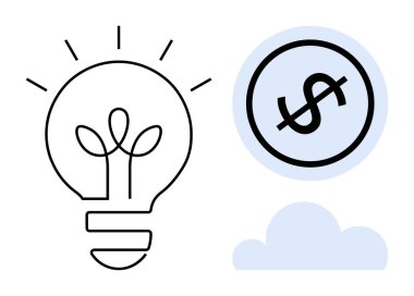 Bitkili ampul yeniliği temsil eder ve büyüme dolar işareti finansmanı sembolize eder mavi bulut ince derinlik ekler. Yaratıcılık, sürdürülebilirlik, yatırım, fikirler, çevre dostu kavramlar için ideal