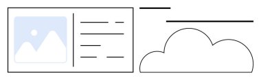 Resim yeri tutucu, metin satırları ve bulut ana hatlarını birleştiren dijital düzen veri depolama, organizasyon veya paylaşımı temsil eder. Web tasarımı, teknoloji, içerik yönetimi bulutu için ideal