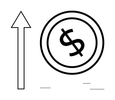 Yükselen ok, madeni paranın yanında dolar işareti gösteriyor. Ekonomik büyüme, kar artışı veya gelir artışını simgeliyor. İş için ideal, finans, strateji, yatırım, ilerleme, zenginlik sade
