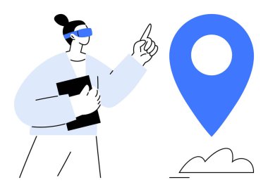 AR gözlükleri takan şahıs dijital bir haritayla etkileşime geçiyor ve büyük bir konum işaretçisini işaret ediyor. Navigasyon için ideal, AR teknolojisi, yenilik, seyahat, yön, modern keşif, düz basit