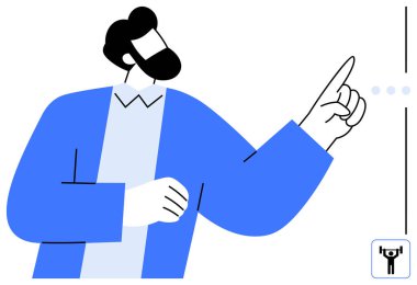 Mavi gömlekli sakallı adam kendine güveni ve odaklanmasıyla yukarıya bakıyor. Liderlik, yenilik, takım çalışması, eğitim, motivasyon, uzmanlık ve iletişim için ideal. Düz basit metafor