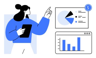 Elinde pasta ve bar tabletlerini gösteren bir tablet tutan kadın. Finans, analitik, iş, pazarlama stratejisi, eğitim, raporlar, sunumlar için idealdir. Düz basit metafor