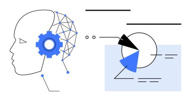 Analitik çizelgeler ve veri sembollerine bağlanan dijital ağ ve teçhizatlı soyut insan kafası. Teknoloji, yapay zeka, yenilik, veri bilimi, makine öğrenimi, otomasyon ve gelecek kavramlar için idealdir.