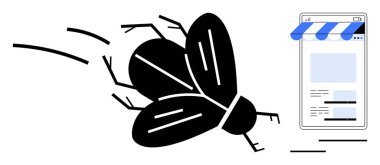 Akıllı telefon tarayıcısına doğru ilerleyen büyük bir sinek. Mağaza önü olarak tasarlandı. E-ticaret, internet trendleri, pazarlama, çevrimiçi alışveriş, reklam etkisi, teknoloji, düz basit metafor