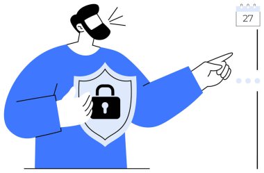 Sakallı adam kalkanı kilitle tutarken takvime el sallar. Siber güvenlik, gizlilik koruması, programlama, planlama, farkındalık, alarmlar, risk yönetimi üzerine odaklanın. Düz basit metafor