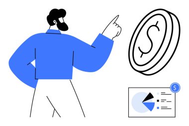 Yanında veri grafikleri olan büyük bir madeni parayı işaret eden bir adam. Finans, iş stratejisi, ekonomi, yatırım, gelir, planlama, bütçe sade metaforu için ideal