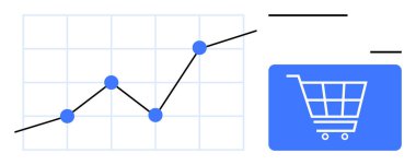 Alışveriş arabasının yanında yükselen eğilimi gösteren dört veri içeren çizgi grafiği. Satışların büyümesi, iş analizi, e-ticaret, perakende trendler, çevrimiçi alışveriş, gelir artışı, sade basit