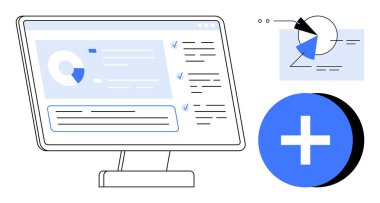 Analitik gösterge paneli, grafikler ve kontrol listelerini gösteren bilgisayar ekranı, görsel elemanlar tarafından tamamlanmış, bir pasta grafiğini ve büyük bir artı işaretini işaret ediyor. Veri yönetimi ve üretkenlik araçları için ideal