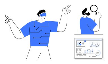 Sanal gerçeklik kulaklığı ve fütüristik arayüzü kullanan bir adam ekranda analiz izliyor. Sanal gerçeklik, yenilik, teknoloji, kullanıcı deneyimi, veri analizi, artırılmış gerçeklik, düz gerçeklik için ideal