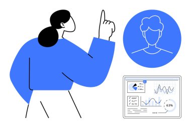 Veri görselleştirme ekranını gösteren kadın, kullanıcı profili simgesi daire şeklinde. Analiz, veri eğilimleri, kullanıcı araştırmaları, rapor sunumu, müşteri sezgileri, iş stratejisi, düz basit