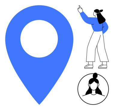 Mavi lokasyon iğnesi yukarıya bakan bir kadın ve çizilmiş bir avatar portresinin yanında. Navigasyon, yön, arama, konum belirleme, koordinasyon, düz basit metafor için ideal
