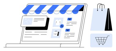 Ürün resimleri, alışveriş arabası ve indirim etiketleriyle çevrimiçi mağaza arayüzünü gösteren dizüstü bilgisayar. E-ticaret, dijital pazarlama, tüketici davranışı, perakende satış, iş sunumu, çevrimiçi satın alma için ideal