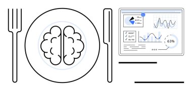 Tabağa yerleştirilmiş beyin, dijital veri panelinin yanına yerleştirilmiş, grafikler ve grafikler gösteriliyor. Veri analizi, bilgi tüketimi, yapay zeka, öğrenme ve karar verme için ideal