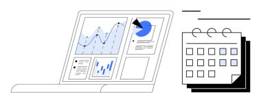 Takvimin yanındaki dizüstü bilgisayardaki veri tabloları ve grafikler verimliliği, analitiği ve planlamayı sembolize ediyor. Zaman yönetimi, hedef izleme, işyeri verimliliği, zamanlama ve proje için ideal