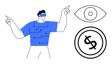 Dijital devre desenli bir VR kulaklık takan kişi göz ve dolar işaretine doğru hareket ediyor. Artırılmış gerçeklik, sanal ekonomi, teknoloji, gelecekteki vizyon, yenilik, dijital trendler için ideal
