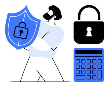 Adam kalkanları kilit ikonuyla koruyor, güvenliği vurguluyor. Yakınındaki büyük asma kilit ve hesap makinesi gizlilik, şifreleme ve finansal korumayı sembolize eder. Siber güvenlik, mahremiyet ve teknoloji için ideal