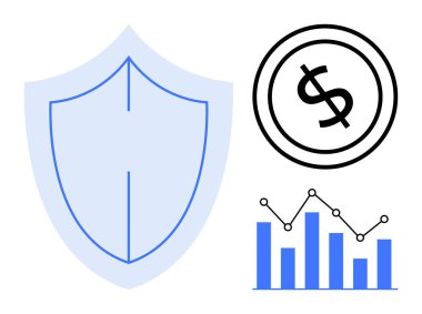 Koruma kalkanı, finans için dolar madeni para ve analitiği gösteren çizgi grafikli bar grafiği. Finans, güvenlik, sigorta, analitik, yatırım işlerinin korunması için ideal. Düz