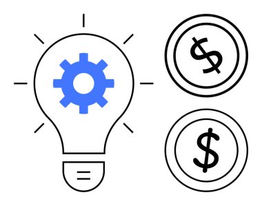 Yeniliği sembolize eden dişli ampul ve mali başarıyı simgeleyen iki dolar sikke. Yatırım, iş stratejisi, finans, girişimcilik, yenilik, yaratıcılık, ekonomi için ideal