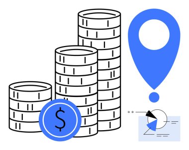 Madeni para yığınları, para ikonu, lokasyon pimi ve grafik elemanı mali büyüme, kar elde edilebilirlik ve veri takibini gösteriyor. Finans, yatırım ve tasarruf ekonomisi iş stratejisi için ideal
