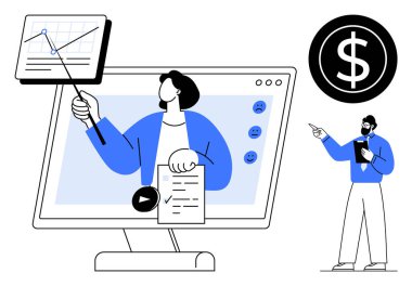 Sanal eğitmen, mali stratejiyi grafik, veri ve belgeyle monitörde açıklıyor. Eğitim, iş, finansal planlama, e-öğrenme, yatırım verimliliği için ideal. Düz